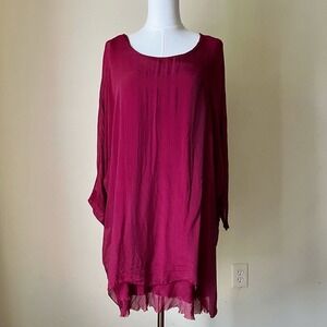 Tina Stephens Adriana Silk Double Raw Edge Top Tunic Blouse in Burgundy One Size
